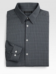 A modern, finely tailored addition to the 9-to-5 wardrobe in new-look gingham checks. Buttonfront Point collar 98% cotton/2% elastane Dry clean Imported 