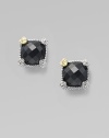 From the Linen Collection. An elegant faceted cushion of black onyx in a linen-textured sterling silver setting is gracefully accented by heart-shaped prongs, one of them in 18k gold with a diamond accent. Black onyx Diamonds, 0.008 tcw Sterling silver and 18k yellow gold Diameter, about 1¼ Post back Imported