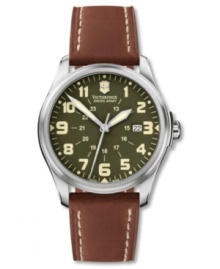 Vintage hues and a modern functionality distinguish this fine women's watch from Victorinox Swiss Army. Brown leather strap and round stainless steel case with anti-reflective sapphire crystal. Round olive green dial with logo, calendar and low battery indicator. Swiss-made quartz movement. Water resistant to 100 meters. Three-year limited warranty. Vintage hues and a modern functionality distinguish this fine women's watch from Victorinox Swiss Army. Brown leather strap and round stainless steel case with anti-reflective sapphire crystal. Round olive green dial with logo, calendar and low battery indicator. Swiss-made quartz movement. Water resistant to 100 meters. Three-year limited warranty.