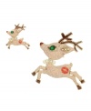 Festive flair. Get into the holiday spirit with Betsey Johnson's delightful reindeer pin set. Featuring large and small reindeer motifs, it's accented by colorful crystal detailing. Crafted in antique gold tone mixed metal. Includes a gift box. Approximate length: 2-1/10 inches. Approximate width: 1-9/10 inches (large pin). Approximate length: 1 inch. Approximate width: 8/10 inch (small pin).