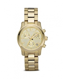 We're loving the way MICHAEL Michael Kors blends polished and brushed goldtones in this elegant sports watch. With 3-eye chronograph display, date window and 3-hand dial. We're loving the way MICHAEL Michael Kors blends polished and brushed goldtones in this elegant sports watch. With 3-eye chronograph display, date window and 3-hand dial.