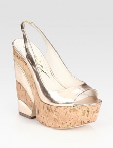 Unexpected metallic leather inserts modernize this natural cork wedge. Cork and metallic leather wedge, 5½ (140mm)Cork and metallic leather platform, 2 (50mm)Compares to a 3½ heel (90mm)Metallic leather upperLeather lining and solePadded insoleImportedOUR FIT MODEL RECOMMENDS ordering one half size up as this style runs small. Unexpected metallic leather inserts modernize this natural cork wedge. Cork and metallic leather wedge, 5½ (140mm)Cork and metallic leather platform, 2 (50mm)Compares to a 3½ heel (90mm)Metallic leather upperLeather lining and solePadded insoleImportedOUR FIT MODEL RECOMMENDS ordering one half size up as this style runs small.