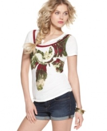 This breezy tee from Lucky Brand Jeans features a splatter-painted butterfly at the front and a crochet inset at the neckline, for a handcrafted look. This breezy tee from Lucky Brand Jeans features a splatter-painted butterfly at the front and a crochet inset at the neckline, for a handcrafted look.