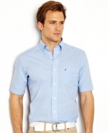 Clean up your casual look with the preppy polish of this windowpane check shirt from Nautica. Clean up your casual look with the preppy polish of this windowpane check shirt from Nautica.