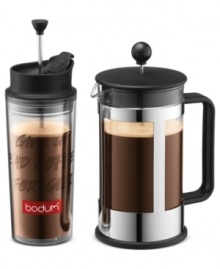 Get it to go! The incredible flavor you love hits the road in this travel French press in a stunning, sleek stainless steel. Extracting the essential oils, brightest flavor and incredible balance from your best beans, this compact press features an insulated double-walled design that keeps coffee hot and a built-in filter system that lets you brew & drink all from the same tumbler.