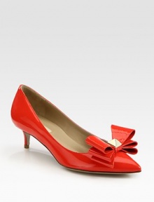 Classic patent leather point toe with a studded bow adornment and kitten heel. Self-covered heel, 2 (50mm)Patent leather upperLeather lining and solePadded insoleMade in ItalyOUR FIT MODEL RECOMMENDS ordering one half size up as this style runs small. Classic patent leather point toe with a studded bow adornment and kitten heel. Self-covered heel, 2 (50mm)Patent leather upperLeather lining and solePadded insoleMade in ItalyOUR FIT MODEL RECOMMENDS ordering one half size up as this style runs small.