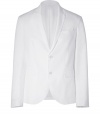 Luxe jacket in fine, white cotton and linen blend - Lightweight and soft, feels great against the skin - Slim, blazer-style cut - Small collar and lapels, two-button closure - Pocket square detail at left side of chest - Two slit vents at back - A modern, sophisticated classic ideal for work or leisure - Pair with a polo shirt and chinos or style with jeans and a button down