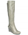 Snake print stitching on the back shaft of RACHEL Rachel Roy's Rolettah tall wedge boots gives this tall, sexy pair a unique hint of detail.