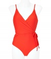 Add instant chic to your swim-ready style with this adorable swimsuit from Diane von Furstenberg - V-neck, wrap style with side tie detail, thin straps, deep V in back, full-coverage bottom - Pair with a sheer caftan, wedge heels, and a floppy sun hat