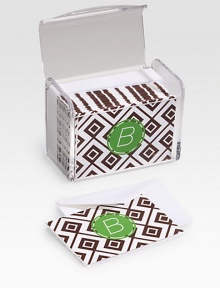 A set made just for you (or someone you love) includes 25 patterned notecards with any name on the front and plenty of room to write inside. Arrives in a convenient Lucite box with coordinating envelopes. Perfect gift idea 5¾W X 4¼H X 3½D Made in USAFOR PERSONALIZATION Select a quantity, then scroll down and click on PERSONALIZE & ADD TO BAG to choose and preview your personalization options. Please allow 2 weeks for delivery. A set made just for you (or someone you love) includes 25 patterned notecards with any name on the front and plenty of room to write inside. Arrives in a convenient Lucite box with coordinating envelopes. Perfect gift idea 5¾W X 4¼H X 3½D Made in USAFOR PERSONALIZATION Select a quantity, then scroll down and click on PERSONALIZE & ADD TO BAG to choose and preview your personalization options. Please allow 2 weeks for delivery.