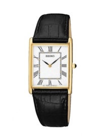 A classic dress watch from Seiko. The gold-tone case, 32mm, frames the white dial with Roman numerals. Hardlex crystal. Black leather strap with buckle. Snap case-back. 5 year battery life. A classic dress watch from Seiko. The gold-tone case, 32mm, frames the white dial with Roman numerals. Hardlex crystal. Black leather strap with buckle. Snap case-back. 5 year battery life.