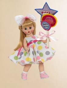 She's dressed in the most charming, sleeveless frock that has a full skirt and features delightful pink, green, yellow and blue circles printed on white cotton fabric. A hot pink satin ribbon encircles her waist and accentuates the colored circles on the dress. The dress is worn with white socks and panties, light pink Mary Janes and looks fabulous with the pink ribbon bow and headband that adorns her hair. She's dressed in the most charming, sleeveless frock that has a full skirt and features delightful pink, green, yellow and blue circles printed on white cotton fabric. A hot pink satin ribbon encircles her waist and accentuates the colored circles on the dress. The dress is worn with white socks and panties, light pink Mary Janes and looks fabulous with the pink ribbon bow and headband that adorns her hair.