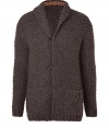 Cozy cardigan is stylish in fine dark brown alpaca-nylon blend - Noble, chunky knit texture - Narrow cut with small shawl lapels, placket, two pockets and long sleeves - Favorite piece of everyday, it fits perfectly with tees, jeans, corduroys or chinos