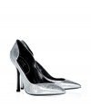 Amp up your outfit with an edge of high-octane attitude with Edmundo Castillos metallic silver pointy toe pumps - Pointed toe, asymmetrical topline, mirrored metallic back counter, softly flared stiletto heel - Pair with edgy accessories and statement evening jewelry