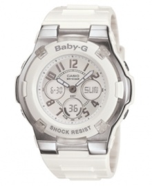 A chic, sporty white watch from Baby-G to keep you in check all the time. White resin strap and round stainless steel case. White shock-resistant, analog-digital dial with LED light, afterglow, alarms, snooze, timer, stopwatch, calendar and world time. Quartz movement. Water resistant to 100 meters. One-year limited warranty. A chic, sporty white watch from Baby-G to keep you in check all the time. White resin strap and round stainless steel case. White shock-resistant, analog-digital dial with LED light, afterglow, alarms, snooze, timer, stopwatch, calendar and world time. Quartz movement. Water resistant to 100 meters. One-year limited warranty.