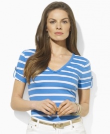 Gold-tone anchor-embossed buttons lend a hint of nautical style to Lauren by Ralph Lauren's classic V-neck tee, rendered in soft cotton jersey with roll-tab sleeves for a chic, modern flourish. Gold-tone anchor-embossed buttons lend a hint of nautical style to Lauren by Ralph Lauren's classic V-neck tee, rendered in soft cotton jersey with roll-tab sleeves for a chic, modern flourish.