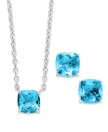 A fun and colorful update to your wardrobe, this matching pendant and earrings set features cushion-cut blue topaz (5 ct. t.w.) set in sterling silver. Approximate length: 18 inches. Approximate drop (pendant): 1/4 inch. Approximate drop (earrings): 1/4 inch. A fun and colorful update to your wardrobe, this matching pendant and earrings set features cushion-cut blue topaz (5 ct. t.w.) set in sterling silver. Approximate length: 18 inches. Approximate drop (pendant): 1/4 inch. Approximate drop (earrings): 1/4 inch.