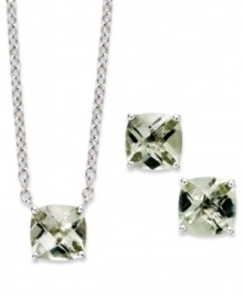 A fun and colorful update to your wardrobe, this matching pendant and earrings set features cushion-cut green quartz (5 ct. t.w.) set in sterling silver. Approximate length: 18 inches. Approximate drop (pendant): 1/4 inch. Approximate drop (earrings): 1/4 inch.