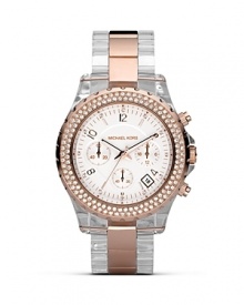 The chronograph is the new face of time. Here, from MICHAEL Michael Kors the rose goldplated watch is accented with crystal embellished bezel. With three-eye design and sweep second hand. Finished with a two-tone bracelet strap. The chronograph is the new face of time. Here, from MICHAEL Michael Kors the rose goldplated watch is accented with crystal embellished bezel. With three-eye design and sweep second hand. Finished with a two-tone bracelet strap.