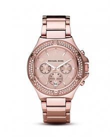 A Swarovski crystal encrusted bezel lends chic shine to this luxe rose-gold tone watch with three eye-functionality. From MICHAEL Michael Kors. A Swarovski crystal encrusted bezel lends chic shine to this luxe rose-gold tone watch with three eye-functionality. From MICHAEL Michael Kors.