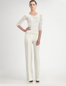 Soft, striped cotton-blend jersey, accented with a faux-tie detail at the neckline.Jewel neckline with faux tie detailThree-quarter raglan sleeves62% viscose/20% polyamide/18% flax linenDry cleanMade in Italy of imported fabricModel shown is 5'10 (177cm) wearing US size 4. Soft, striped cotton-blend jersey, accented with a faux-tie detail at the neckline.Jewel neckline with faux tie detailThree-quarter raglan sleeves62% viscose/20% polyamide/18% flax linenDry cleanMade in Italy of imported fabricModel shown is 5'10 (177cm) wearing US size 4.