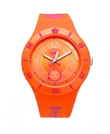 Sun-drenched with bold color and fearless style: the Taylor watch by Juicy Couture. Crafted of orange synthetic jelly bracelet with pink printed logo and round plastic case with pink numerals and crown logo at bezel. Orange dial features white numerals at three, nine and twelve o'clock, pink stick indices, minute track, Watch Your Couture at six o'clock, crown logo at center and three luminous hands. Quartz movement. Water resistant to 30 meters. Two-year limited warranty. Sun-drenched with bold color and fearless style: the Taylor watch by Juicy Couture. Crafted of orange synthetic jelly bracelet with pink printed logo and round plastic case with pink numerals and crown logo at bezel. Orange dial features white numerals at three, nine and twelve o'clock, pink stick indices, minute track, Watch Your Couture at six o'clock, crown logo at center and three luminous hands. Quartz movement. Water resistant to 30 meters. Two-year limited warranty.