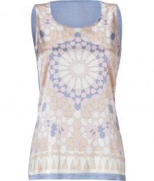 Work a graphic edge into your romantic warm weather separates with Steffen Schrauts pastel printed silk tank top - Scoop neckline, thick straps, solid periwinkle back - Loosely fitted - Wear with bright white skinnies and chunky gold jewelry Work a graphic edge into your romantic warm weather separates with Steffen Schrauts pastel printed silk tank top - Scoop neckline, thick straps, solid periwinkle back - Loosely fitted - Wear with bright white skinnies and chunky gold jewelry
