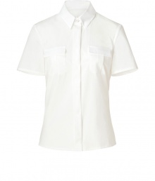 Buttoned up yet ultra-feminine, this Michael Kors top is flattering and tasteful - Spread collar, concealed front button placket, tailored fit, front chest pockets - Style with cotton shorts, platform sandals, and a straw fedora