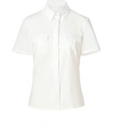 Buttoned up yet ultra-feminine, this Michael Kors top is flattering and tasteful - Spread collar, concealed front button placket, tailored fit, front chest pockets - Style with cotton shorts, platform sandals, and a straw fedora Buttoned up yet ultra-feminine, this Michael Kors top is flattering and tasteful - Spread collar, concealed front button placket, tailored fit, front chest pockets - Style with cotton shorts, platform sandals, and a straw fedora