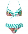 Opposites attract. Floral and stripe patterns play well together in this fun bikini from Roxy.