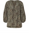 A neutral-hued paisley print lends earthy style to this silk boho-inspired tunic top from Steffen Schraut - V-neck, three-quarter voluminous sleeves, relaxed silhouette, all-over print - Pair with slim trousers, a pencil skirt, or skinny jeans