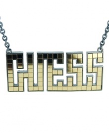 What's in a name? GUESS spells it out with this chic logo necklace. Made in hematite tone mixed metal, it features an eye-catching mirror tile motif. Approximate length: 16 inches + 2-inch extender. Approximate drop: 1-1/4 inches. What's in a name? GUESS spells it out with this chic logo necklace. Made in hematite tone mixed metal, it features an eye-catching mirror tile motif. Approximate length: 16 inches + 2-inch extender. Approximate drop: 1-1/4 inches.
