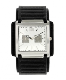 Get there on time with this contemporary cuff watch by Unlisted. Black ribbed leather strap and square silver tone mixed metal case. Silver tone dial features numeral at twelve o'clock, stick indices, minute track, two square multifunctional subdials and two hands. Quartz movement. Splash resistant. Two-year limited warranty. Get there on time with this contemporary cuff watch by Unlisted. Black ribbed leather strap and square silver tone mixed metal case. Silver tone dial features numeral at twelve o'clock, stick indices, minute track, two square multifunctional subdials and two hands. Quartz movement. Splash resistant. Two-year limited warranty.