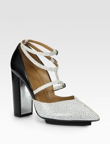 Step out in this strappy point toe design of pebbled leather resting on a chunky heel with metallic leather accents. Self-covered heel with metallic leather accent, 4½ (115mm)Island platform, ½ (15mm)Compares to a 4 heel (100mm)Leather upperPoint toeAdjustable strapsLeather liningLeather and rubber solePadded insoleImportedOUR FIT MODEL RECOMMENDS ordering one half size up as this style runs small. Step out in this strappy point toe design of pebbled leather resting on a chunky heel with metallic leather accents. Self-covered heel with metallic leather accent, 4½ (115mm)Island platform, ½ (15mm)Compares to a 4 heel (100mm)Leather upperPoint toeAdjustable strapsLeather liningLeather and rubber solePadded insoleImportedOUR FIT MODEL RECOMMENDS ordering one half size up as this style runs small.