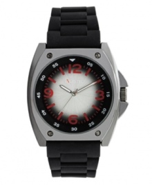 Slow fade. Add a modern edge with this watch by Unlisted. Black rubber bracelet and round silver tone mixed metal case with four screws at bezel. Black dial with brushed gray center features red numerals and stick indices, white minute track, luminous silver tone hands and logo. Quartz movement. Splash resistant. Two-year limited warranty. Slow fade. Add a modern edge with this watch by Unlisted. Black rubber bracelet and round silver tone mixed metal case with four screws at bezel. Black dial with brushed gray center features red numerals and stick indices, white minute track, luminous silver tone hands and logo. Quartz movement. Splash resistant. Two-year limited warranty.