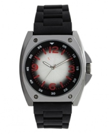 Slow fade. Add a modern edge with this watch by Unlisted. Black rubber bracelet and round silver tone mixed metal case with four screws at bezel. Black dial with brushed gray center features red numerals and stick indices, white minute track, luminous silver tone hands and logo. Quartz movement. Splash resistant. Two-year limited warranty.