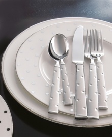 Etched polka-dots on stainless steel lend elegance to your tabletop. Set includes: Cold meat fork, plain tablespoon, and butter knife. Etched polka-dots on stainless steel lend elegance to your tabletop. Set includes: Cold meat fork, plain tablespoon, and butter knife.