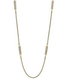 The epitome of class. Michael Kors' gold tone mixed metal necklace features a pave barrel detail. Approximate length: 48 inches. The epitome of class. Michael Kors' gold tone mixed metal necklace features a pave barrel detail. Approximate length: 48 inches.