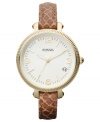 A slim leather strap with python printing surrounds a large case on this Heather collection watch, by Fossil.