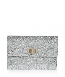 The days of disco return with this glammed-out clutch in sparkling silver - Created by London designer Anya Hindmarch out of cotton and PVC - Classic envelope shape with stylish flap and gold-colored enameled lock - An amazing piece, it looks great with a cocktail dress or a fun nightclub outfit