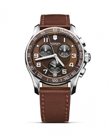 Check the time in military-inspired fashion. With a brown leather strap and sporty dial, Victorinox's army-inspired watch is a commanding accent for citified looks. Check the time in military-inspired fashion. With a brown leather strap and sporty dial, Victorinox's army-inspired watch is a commanding accent for citified looks.