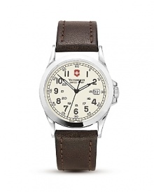 A leather strap lends classic style to this analog quartz watch from Victorinox. Features military time, low battery indicator, date window, luminous hands. A leather strap lends classic style to this analog quartz watch from Victorinox. Features military time, low battery indicator, date window, luminous hands.