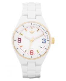 Keep your adidas look fresh with this clean white watch design with pops of summer-ready color. Keep your adidas look fresh with this clean white watch design with pops of summer-ready color.