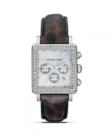 Wear two of this season's trends on your wrist with this MICHAEL Michael Kors watch, flaunting a crystal-embellished bezel and fierce animal print strap. Wear two of this season's trends on your wrist with this MICHAEL Michael Kors watch, flaunting a crystal-embellished bezel and fierce animal print strap.