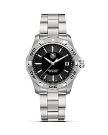The Aquaracer series features professional diving watches with TAG Heuer's Six Features: Screw in crown, unidirectional rotating bezel, sapphire crystal, double security clasp, 300M water resistance and luminescent hands and markers. This model features black dial and steel case and bracelet. The Aquaracer series features professional diving watches with TAG Heuer's Six Features: Screw in crown, unidirectional rotating bezel, sapphire crystal, double security clasp, 300M water resistance and luminescent hands and markers. This model features black dial and steel case and bracelet.