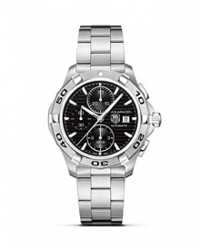 The Aquaracer from TAG Heuer features all six of TAG Heuer's features of a professional sports watch, including sapphire crystal, luminescent markers, screw-in crown, unidirectional rotating bezel, a double safety clasp and 300M water resistance. The Calibre 16 automatic chronograph movement features 3 subdials and a date window. The Aquaracer from TAG Heuer features all six of TAG Heuer's features of a professional sports watch, including sapphire crystal, luminescent markers, screw-in crown, unidirectional rotating bezel, a double safety clasp and 300M water resistance. The Calibre 16 automatic chronograph movement features 3 subdials and a date window.