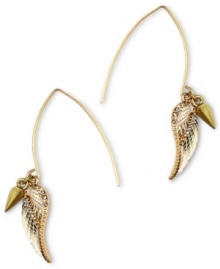 Take off with RACHEL Rachel Roy! These fun feather earrings charm the competition with crystal accents. Crafted in a worn gold tone mixed metal setting. Approximate drop: 2-1/8 inches. Approximate diameter: 3/8 inch. Take off with RACHEL Rachel Roy! These fun feather earrings charm the competition with crystal accents. Crafted in a worn gold tone mixed metal setting. Approximate drop: 2-1/8 inches. Approximate diameter: 3/8 inch.