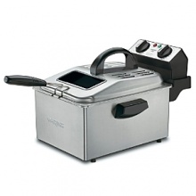 This professional-grade deep fryer quickly and deliciously delivers perfectly cooked foods from thick-cut fries to beer-battered shrimp. The heavy mesh basket with cool-touch handle immerses up to 2.2 lbs. of food in a removable enamel-coated gallon oil container with a pouring spout for easy disposal. Safety features include 3-foot breakaway cord, overload auto-shutoff and safety interlock that prevents operation until control panel is properly mounted. This professional-grade deep fryer quickly and deliciously delivers perfectly cooked foods from thick-cut fries to beer-battered shrimp. The heavy mesh basket with cool-touch handle immerses up to 2.2 lbs. of food in a removable enamel-coated gallon oil container with a pouring spout for easy disposal. Safety features include 3-foot breakaway cord, overload auto-shutoff and safety interlock that prevents operation until control panel is properly mounted.