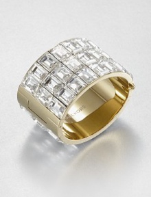 From the Cocktail Collection. The light-catching brilliance goes all around this wide, bold cuff of faceted clear glass.GlassGoldtoneDiameter, about 2.5Width, about 2.75Hinged with push-lock claspImported From the Cocktail Collection. The light-catching brilliance goes all around this wide, bold cuff of faceted clear glass.GlassGoldtoneDiameter, about 2.5Width, about 2.75Hinged with push-lock claspImported