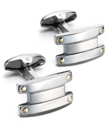 Industrial chic. These unique bar-shaped cuff links feature a sterling silver setting with 18k gold accents. Approximate length: 7/8 inch. Approximate width: 1/2 inch. Industrial chic. These unique bar-shaped cuff links feature a sterling silver setting with 18k gold accents. Approximate length: 7/8 inch. Approximate width: 1/2 inch.